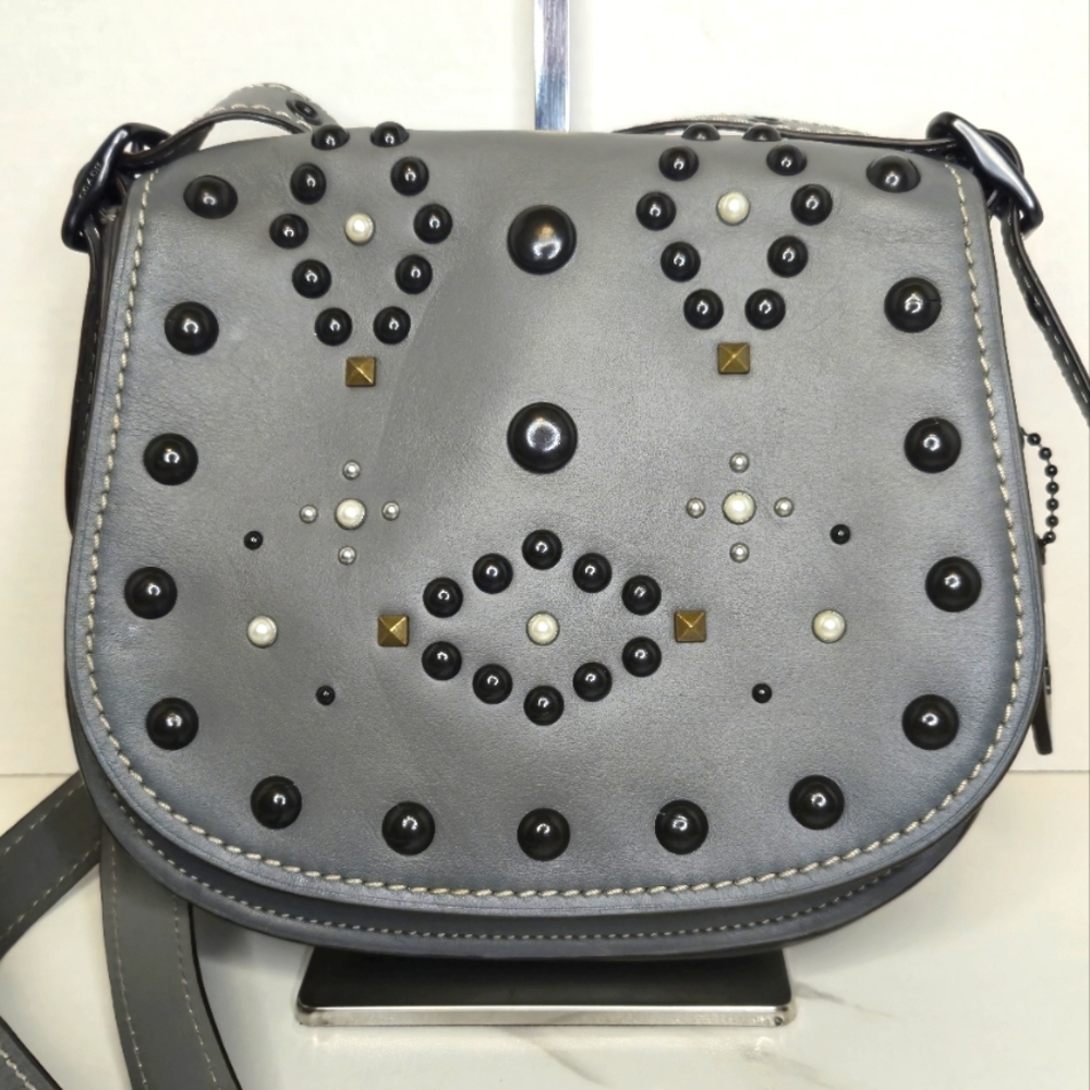 Coach 1941 Saddle Bag Grey Leather Studded Rivets SD-20115 56620 Crossbody